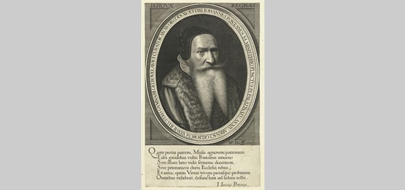 Portret van theoloog Johannes Fontanus op 71-jarige leeftijd (prent door Willem Jacobsz. Delff, 1615)