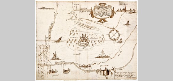 Kaart van de Waal bij de bandijk van Neerijnen, T. Witteroos 1571 (kopie door J. van Geelkerck, 1666)