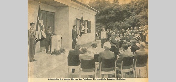 Toespraak van de Oostenrijkse minister van Buitenlandse Zaken Leopold Figl tijdens de inauguratie van het Gelders Paviljoen.