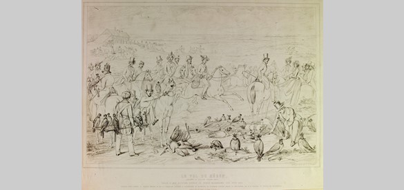 Le vol du heron, 1841-1853, valkenjacht op het Loo 1843 in tegenwoordigheid van Prins Alexander der Nederlanden