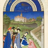 Illustratie bij de maand april met het kasteel van Dourdan, 1411-1416 © Gebroeders van Limburg, Musee Conde Chantilly, PD 