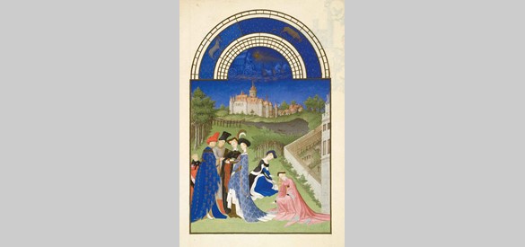 Illustratie bij de maand april met het kasteel van Dourdan, 1411-1416