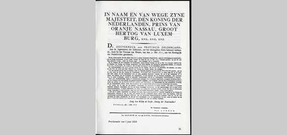 Proclamatie waarmee op 1 juni 1816 de Kleefse gebieden bij Nederland kwamen