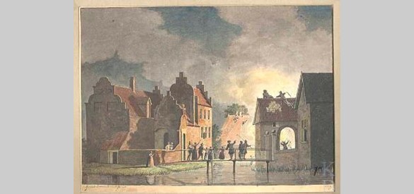De brand in de voorgebouwen van Walien, getekend circa 1759