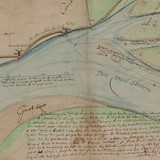 Uitsnede van kaart uit 1631 van de omgeving van de Ronduit in Bemmel. Naast de redoute ligt een gevaarlijke schaardijk. © Nico van Geelkercken, 1631, Bron: Gelders Archief, PD