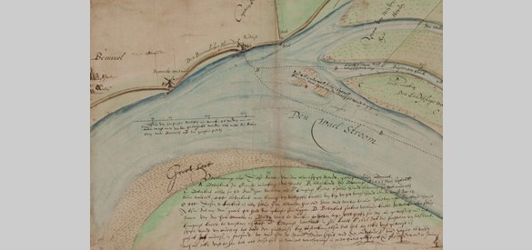 Uitsnede van kaart uit 1631 van de omgeving van de Ronduit in Bemmel. Naast de redoute ligt een gevaarlijke schaardijk.