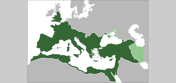 Het Romeinse Rijk ca. 100 n.Chr. dat zich uitstrekte van Engeland tot Noord Afrika en de Kaspische zee. De grens loopt iets ten noorden van de stad Buren langs de Rijn.