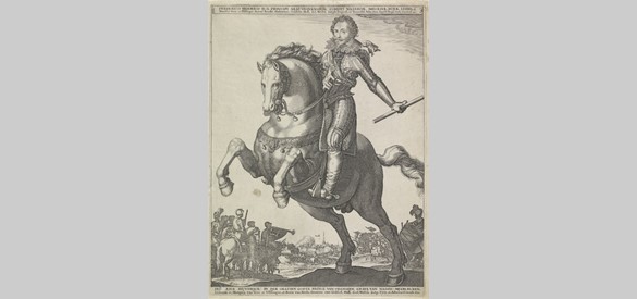 Ruiterportret van Frederik Hendrik, prins van Oranje met op de achtergrond het beleg van Groenlo. Anoniem uit 1627 – 1629
