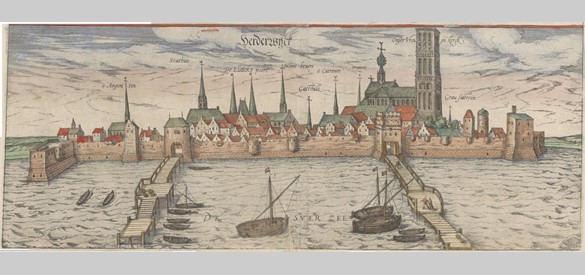 Uitsnede uit de kaart van Harderwijk, vervaardigd door Franz Braun, met aan de linkerkant de Lage Brug (eind 16e eeuw)