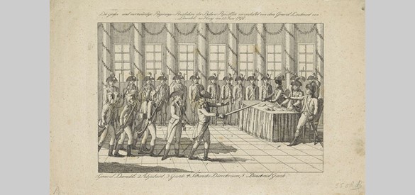 Generaal Daendels voert op 12 juni 1798 voor de tweede keer een staatsgreep uit (te Den Haag), anonieme prent