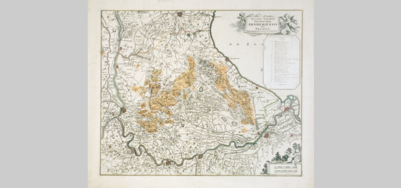 Kaart (1759), met ingekleurd de Veluwse zandverstuivingen