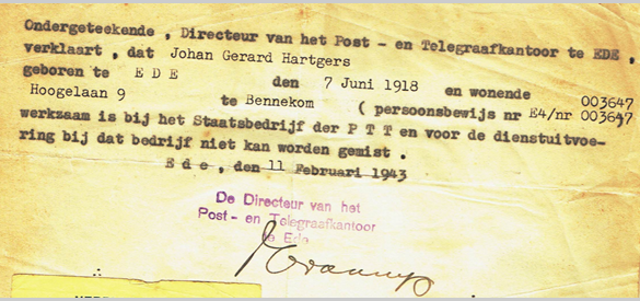 Briefje van de PTT-Post voor Hartgers, in een poging de Arbeidseinsatz te ontduiken