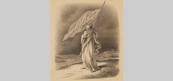 ‘De wachter aan onze grenzen. De cholera houdt de vijand buiten de deur’ (1866, Alexander Ver Huell).