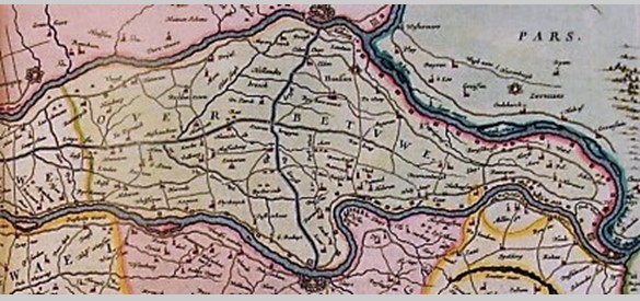17e-eeuwse kaart (Jaon Blaeu). Bij de vierkantjes stonden de redoutes.
