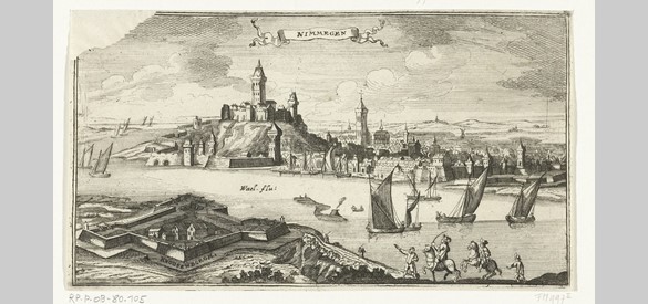 Gezicht op Nijmegen vanuit Fort Knodsenburg (Jan Peters, circa 1678)