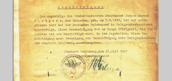 Duits 'benoemingsbriefje', ''im Telegraphenbaudienst'' (27 juli 1943).
