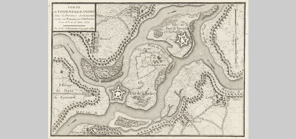 Kaart van de forten de Voorn en Sint-Andries aan de Maas (circa 1780 – 1782).