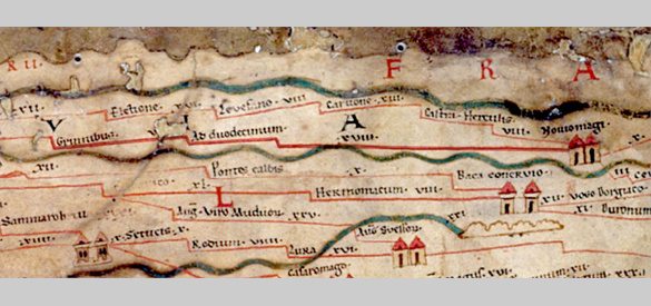 Een deel van de Peutingerkaart, gebaseerd op een Romeinse wegenkaart. Rechtboven Noviomagi (Nijmegen), linksboven Ad Duodecumum (Alphen)