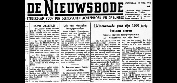 Aankondiging festiviteiten 1000-jarig bestaan Lichtenvoorde in de Nieuwsbode van 14 augustus 1946