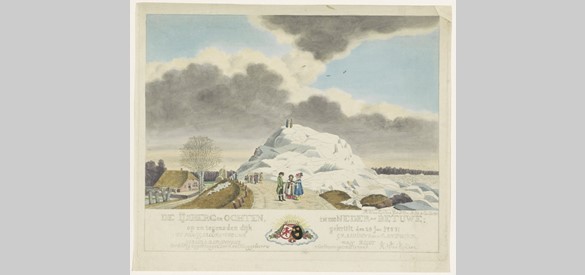 IJsberg opgestuwd tegen de waalbandijk bij Ochten, gravure van Roeland van Eynden uit 1789 in 1789