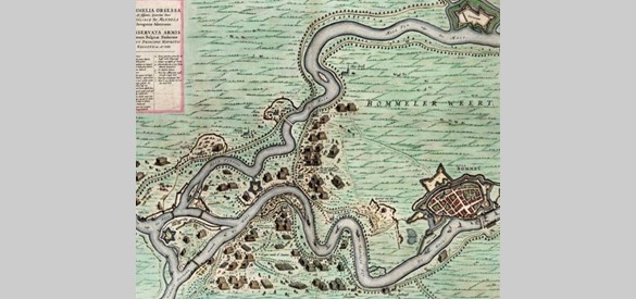 Belegering van Zaltbommel in 1599, met links de forten bij Heerewaarden