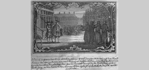 Calvinistische stadhouder Jan van Nassau en katholieke monniken in discussie