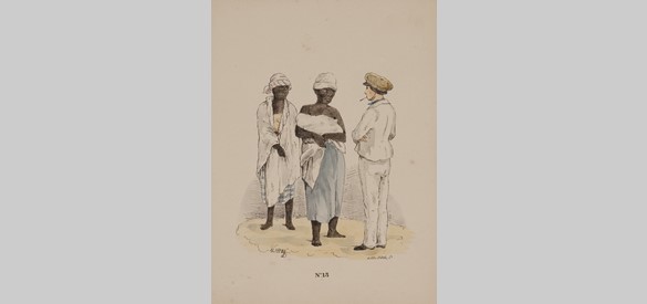 Directeur met vroedvrouw en kraamvrouw (door Theodore Bray, in 1845 directeur van plantage Vossenburg)