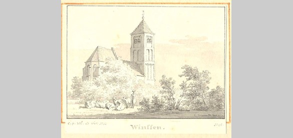 Toren in Winssen door C.Pronk, 1745. Bron: RKD