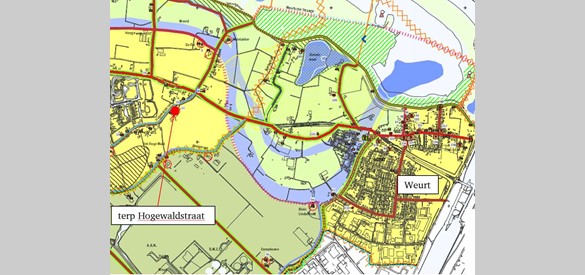 Terp Hogewaldstraat: vroeger was er een laagte in de oeverwal tussen Beuningen en Weurt die bij hoog water overstroomde. Om de boerderij daartegen te beschermen werd die op een terp gebouwd.