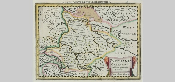Landkaart, waarop Graafschap Zutphen uit 1630, door P.K. Caelavit in 1630