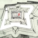 In het midden van deze afbeelding is met een rode T de plek aangegeven waar het kogelpark van Slot Loevestein lag. © Slot Loevestein