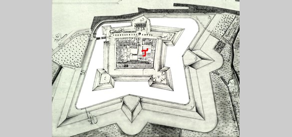 In het midden van deze afbeelding is met een rode T de plek aangegeven waar het kogelpark van Slot Loevestein lag.