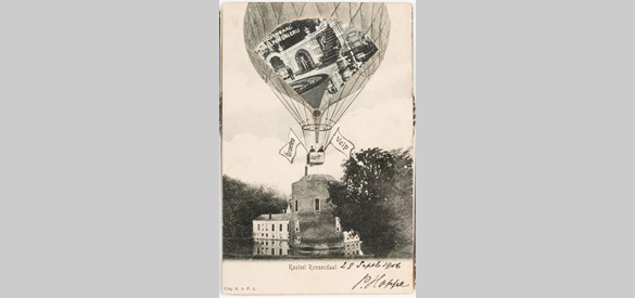 Prentbriefkaart met kasteel Rosendael en luchtballon met bedriegertjes, circa 1920.