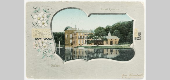 Prentbriefkaart met kasteel Rosendael en bloemmotief, circa 1900.