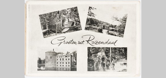 Prentbriefkaart met vier afbeeldingen kasteel en park Rosendael, circa 1950.