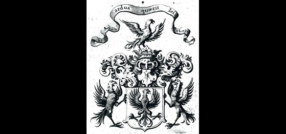 Het wapen met adelaar en de lijfspreuk van Jan van Arnhem, kasteelheer van Rosendael van 1667 tot 1716. Prent door onbekende kunstenaar, omstreeks 1700.