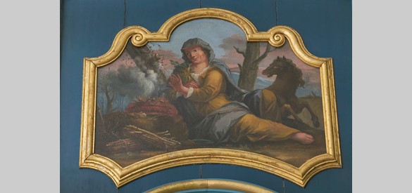 De winter, allegrorische voorstelling. Een van de vier schilderingen met de jaargetijden in de theekoepel. Schilderij door Abraham de Lairesse, 1727. Foto na restauratie.