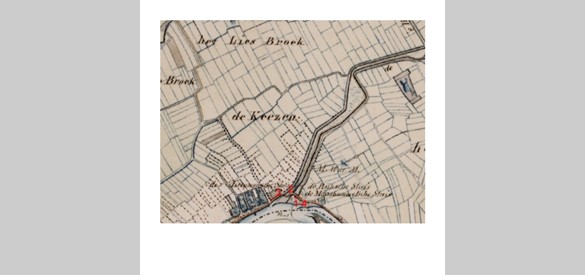 Kaart met drie sluizen en de Maasbommelse watermolen (op de kaart M.Wat.M). De Greffelingse Sluis (1) werd later Maasbommelse Sluis (4). De Rijkse Sluis (2) en de Leeuwense Sluis (3)