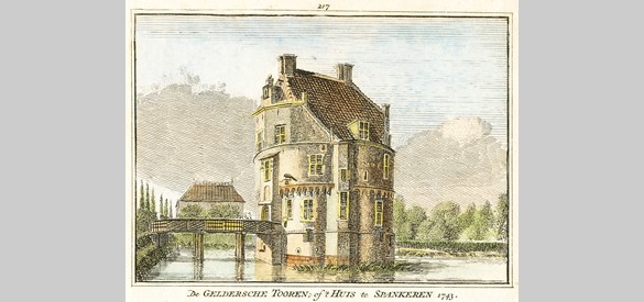 Prent van de Geldersche Toren uit 1743. Van de zeventiende tot begin twintigste eeuw was er een connectie met de Burgershoeve