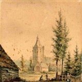 Oude Hervormde Kerk op Raadhuisplein aan de Dorpsstraat 1842 door Arie Lieman. Collectie CODA Museum (Bruikleen Historische Vereniging Felua)