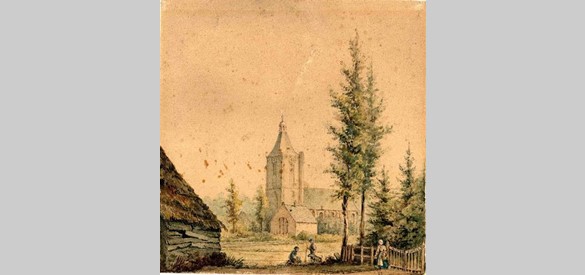 Oude Hervormde Kerk op Raadhuisplein aan de Dorpsstraat 1842 door Arie Lieman. Collectie CODA Museum (Bruikleen Historische Vereniging Felua)