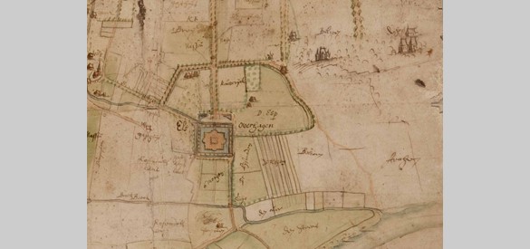 Uitsnede kaart - Het goed Overhagen met de daaromheen liggende percelen, kaart door Nicolaes van Geelkercken, 1651-1653. Bron: Gelders Archief, Arnhem