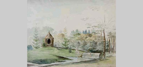 Cascade met de Hermitage. Ingekleurde ets door C. Henning, ca. 1785. Bron: Gelders Archief, Arnhem