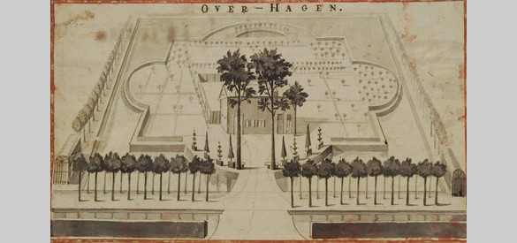 Tekening van de kasteelplaats Overhagen door onbekende kunstenaar, 1730-1740. Bron: Gelders Archief, Arnhem