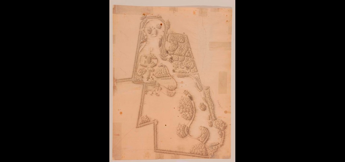 Ontwerp voor de parkaanleg rond kasteel Biljoen, tekening toegeschreven aan J.D. Zocher sr., begin negentiende eeuw.  Bron: Gelders Archief, Arnhem