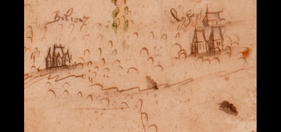 Nederhagen afgebeeld op een kaart van Overhagen en omgeving, door Nicolaas van Geelkercken, 1651-1653. Bron: Gelders Archief, Arnhem