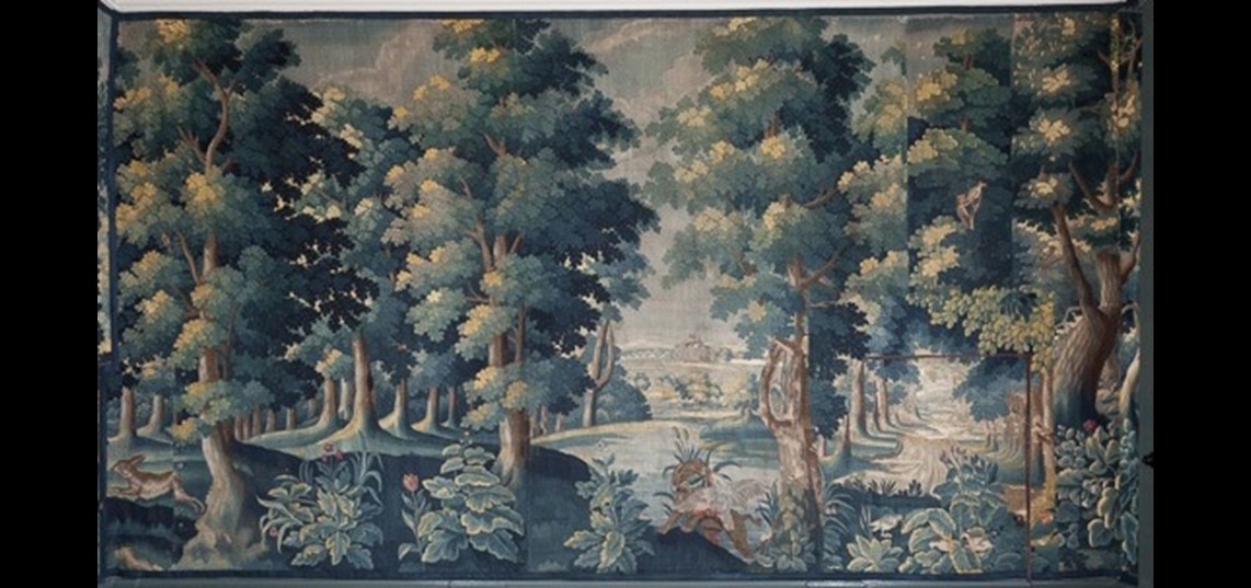 Wandtapijt met boslandschap herenkamer van kasteel Biljoen, Maximiliaan van der Gucht, 1665-1680. Bron: RCE, Amersfoort