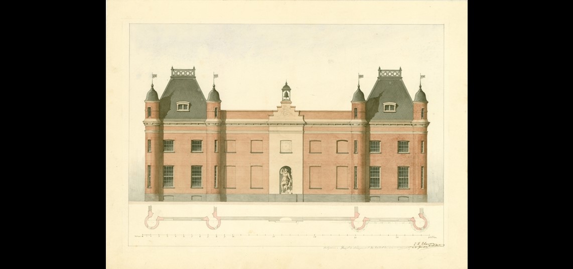 Niet uitgevoerd ontwerp voor het koetshuis, door de Arnhemse architect L.H. Eberson, 1853. Bron: Het Nieuwe Instituut, Rotterdam