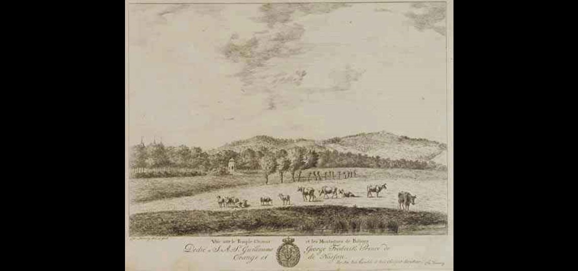 Gezicht op de Chinese tempel en op de landerijen van Biljoen, ets door Christian Henning, circa 1791. Bron: Gelders Archief, Arnhem