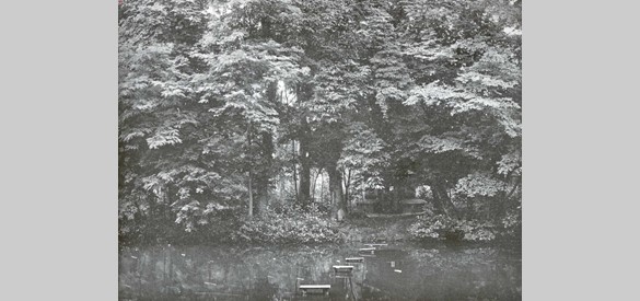 Vogelverblijf op eiland in de kasteelvijver, historische foto uit ca. 1920. Bron: Geldersch Landschap en Kasteelen